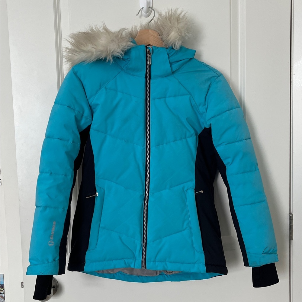 Sunice Blue Puffer Jacket with Faux Fur Hood - youth size 12